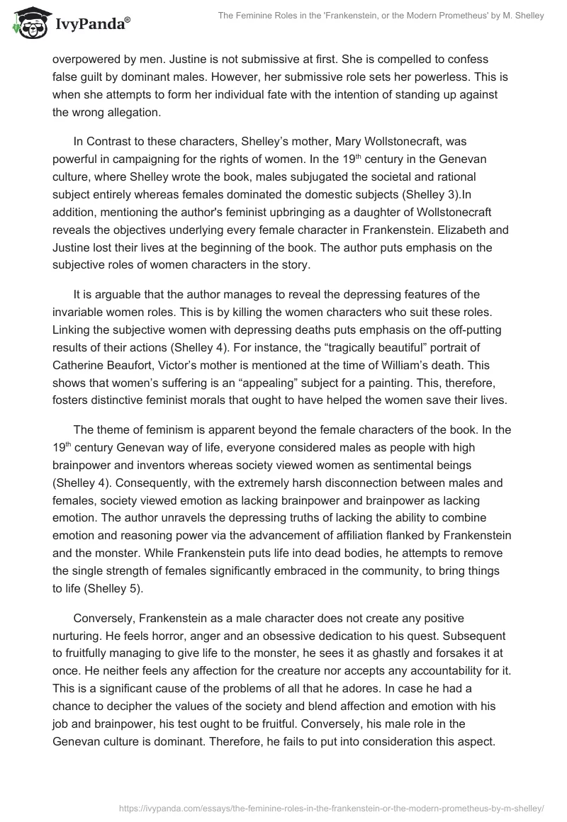 The Feminine Roles in the 'Frankenstein, or the Modern Prometheus' by M. Shelley. Page 2