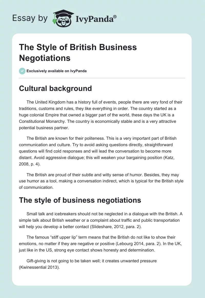 The Style of British Business Negotiations. Page 1