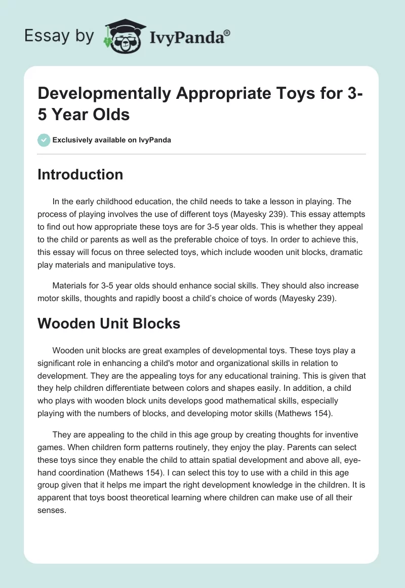 Developmentally Appropriate Toys for 3-5 Year Olds. Page 1