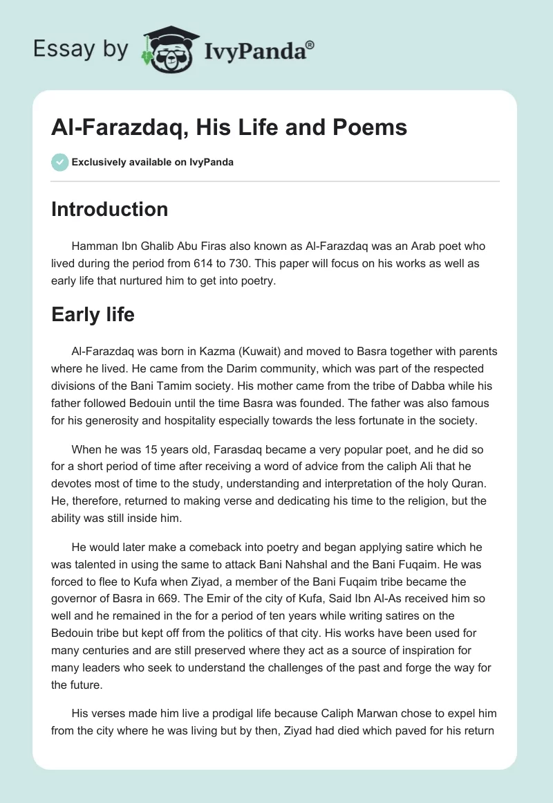Al-Farazdaq, His Life and Poems. Page 1