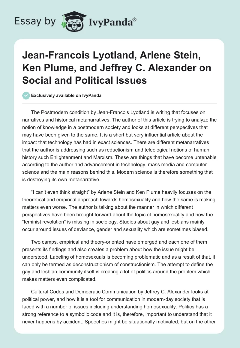 Jean-Francois Lyotland, Arlene Stein, Ken Plume, and Jeffrey C. Alexander on Social and Political Issues. Page 1