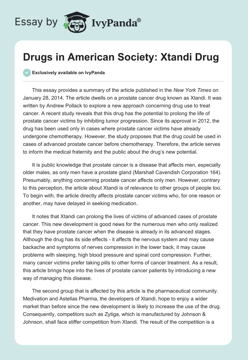 Drugs in American Society: Xtandi Drug. Page 1