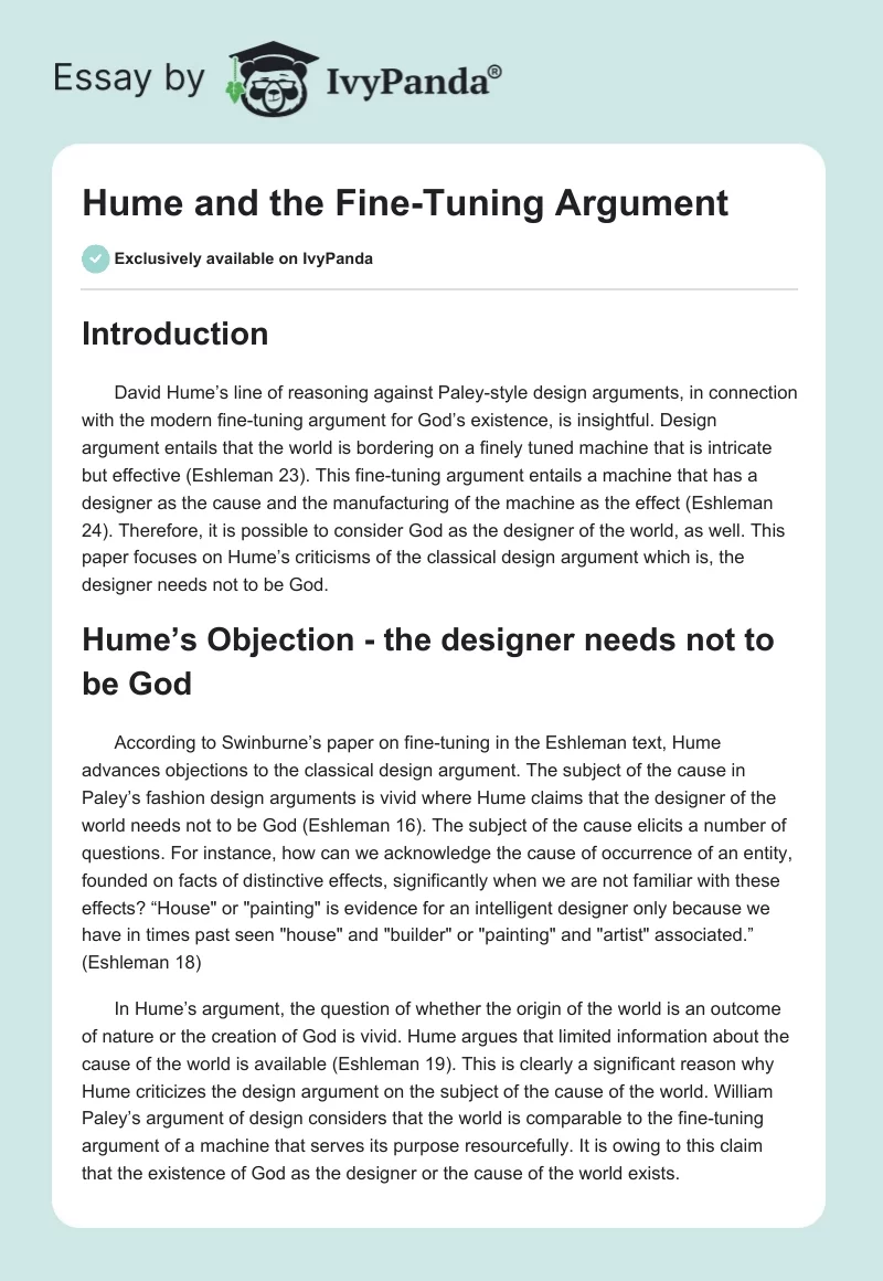 Hume and the Fine-Tuning Argument. Page 1
