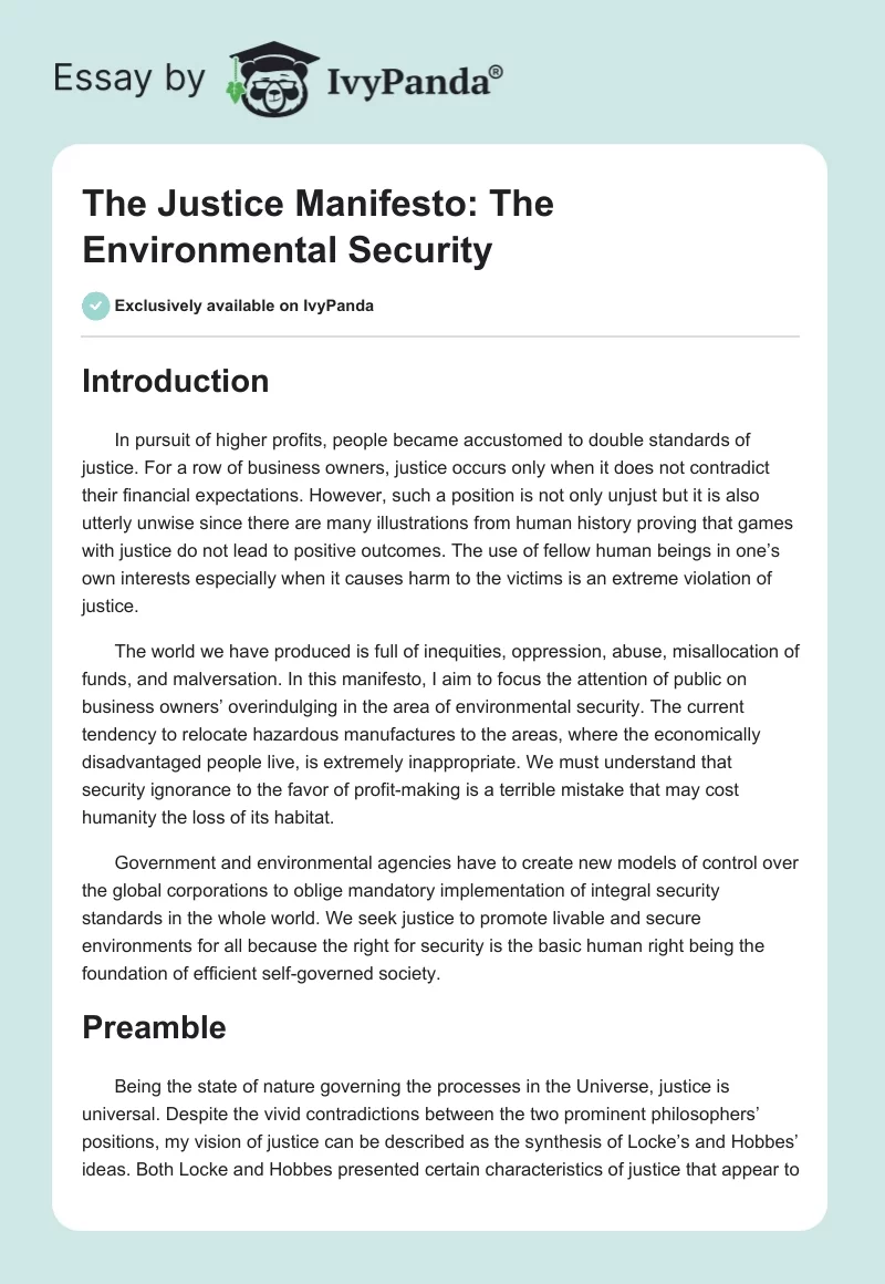 The Justice Manifesto: The Environmental Security. Page 1
