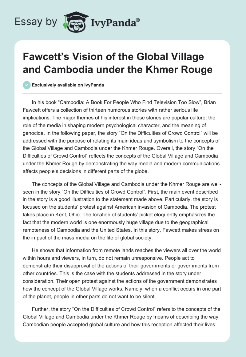 Fawcett’s Vision of the Global Village and Cambodia under the Khmer Rouge. Page 1