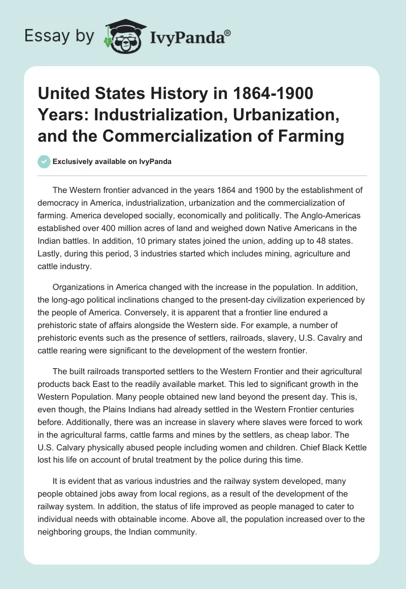 United States History in 1864-1900 Years: Industrialization, Urbanization, and the Commercialization of Farming. Page 1