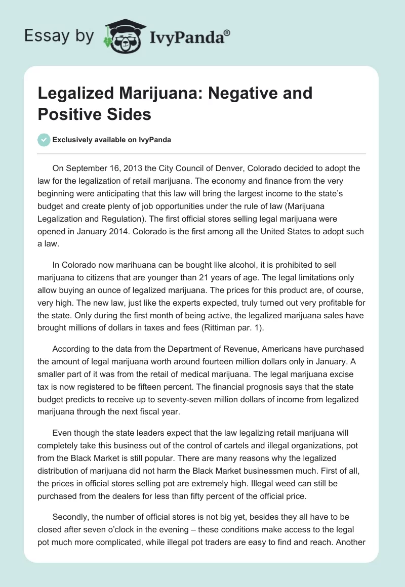 Legalized Marijuana: Negative and Positive Sides. Page 1