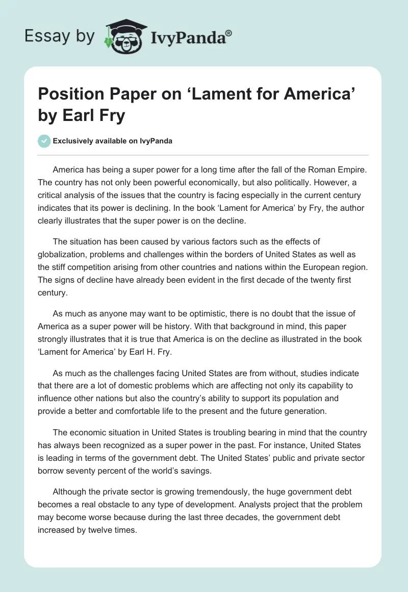 Position Paper on ‘Lament for America’ by Earl Fry. Page 1