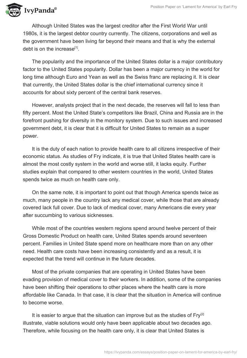 Position Paper on ‘Lament for America’ by Earl Fry. Page 2