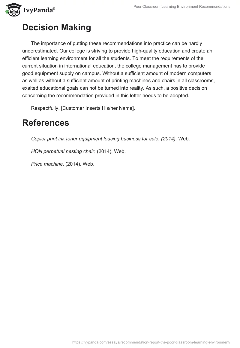 Poor Classroom Learning Environment Recommendations. Page 4