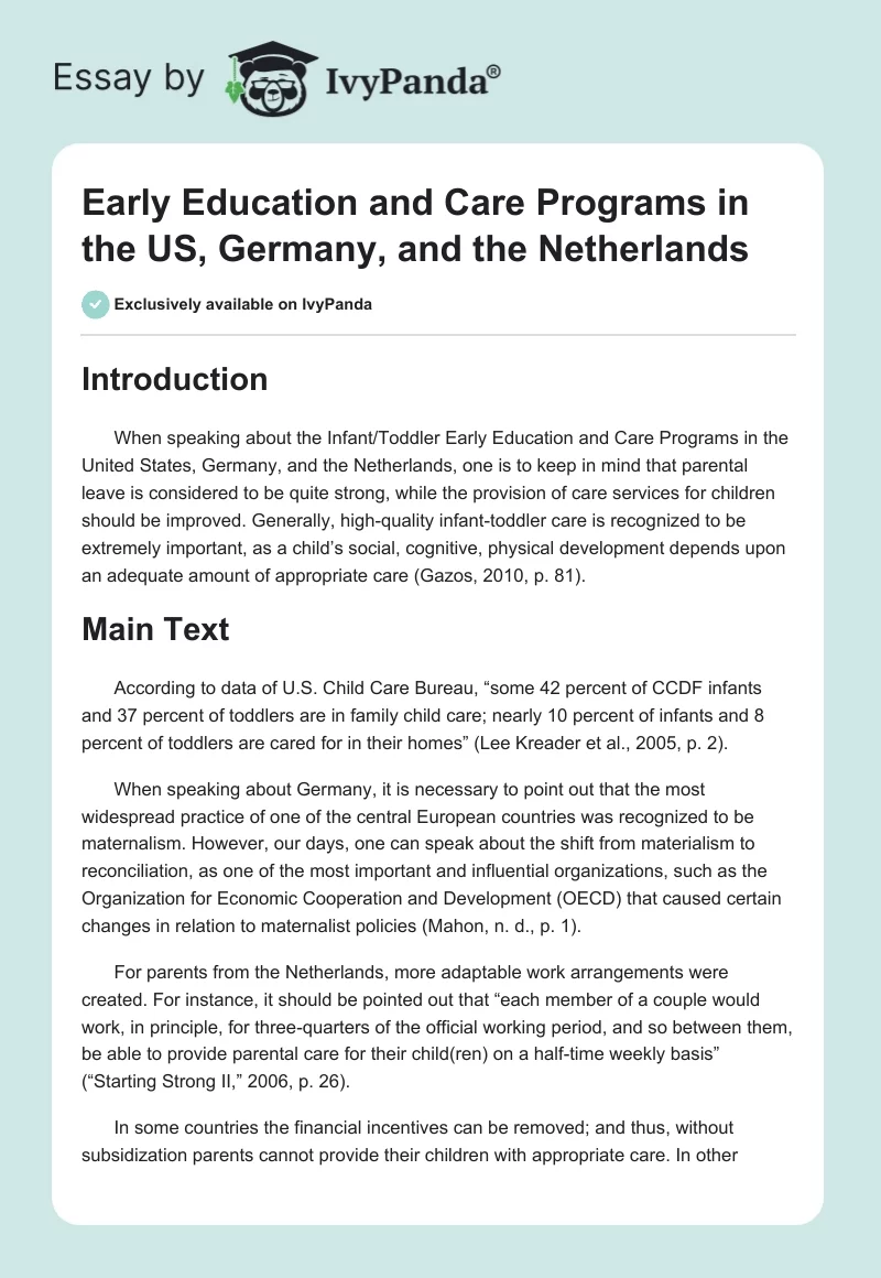 Early Education and Care Programs in the US, Germany, and the Netherlands. Page 1