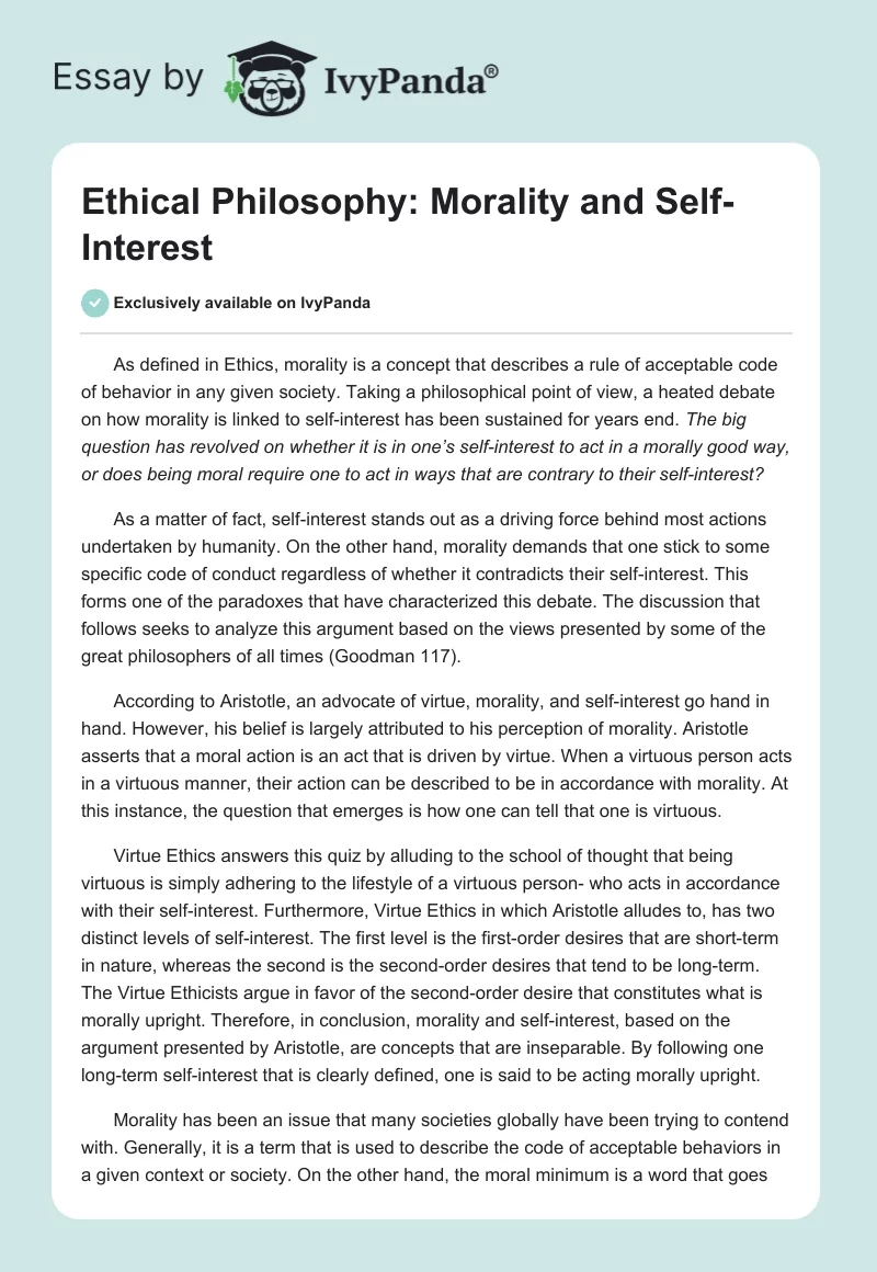 Ethical Philosophy: Morality and Self-Interest. Page 1