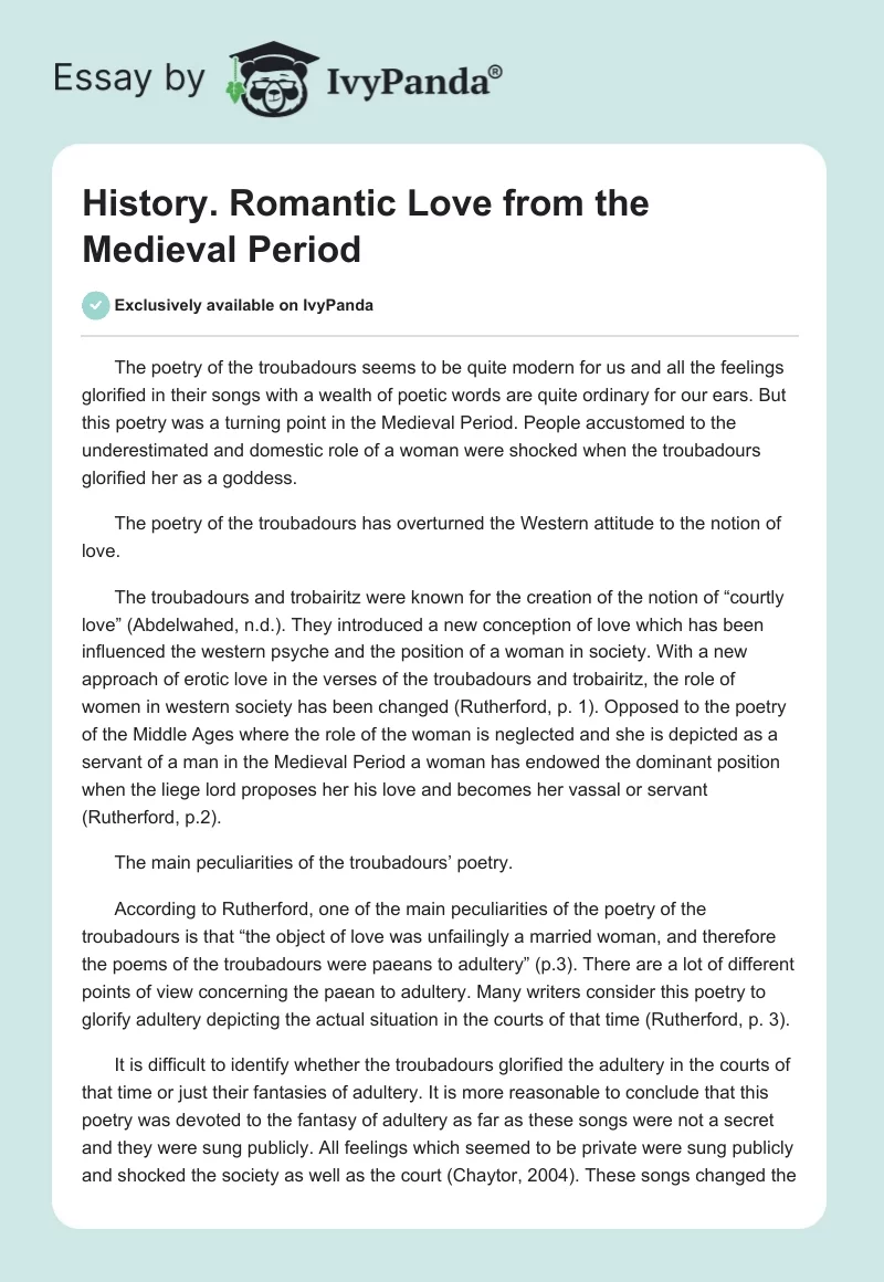 History. Romantic Love from the Medieval Period. Page 1