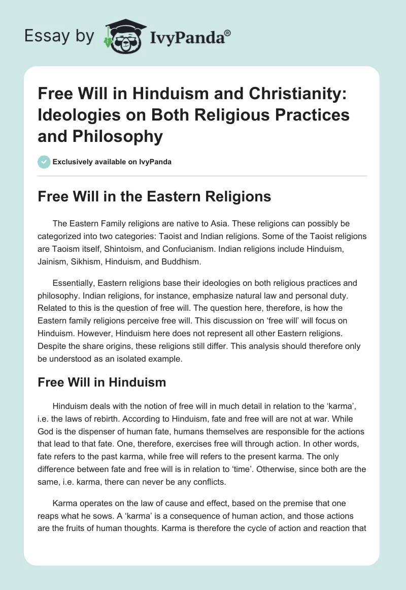 Free Will in Hinduism and Christianity: Ideologies on Both Religious Practices and Philosophy. Page 1