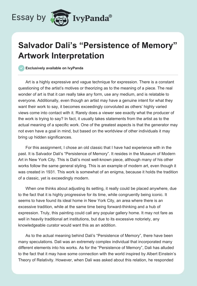 Salvador Dali’s “Persistence of Memory” Artwork Interpretation. Page 1