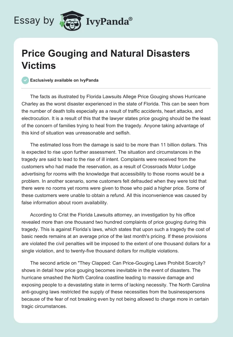 Price Gouging and Natural Disasters Victims. Page 1