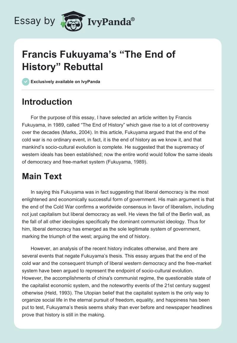 Francis Fukuyama’s “The End of History” Rebuttal. Page 1