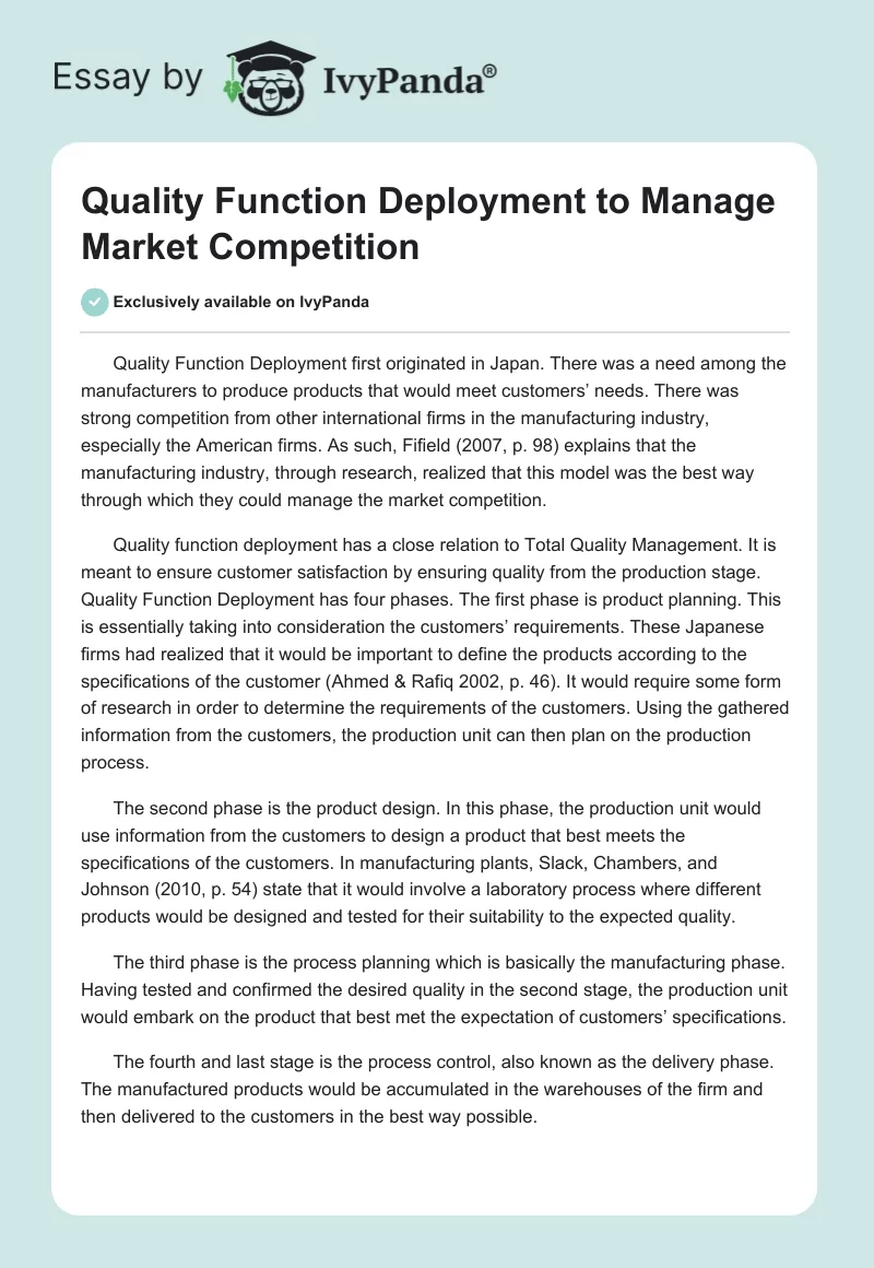 Quality Function Deployment to Manage Market Competition. Page 1