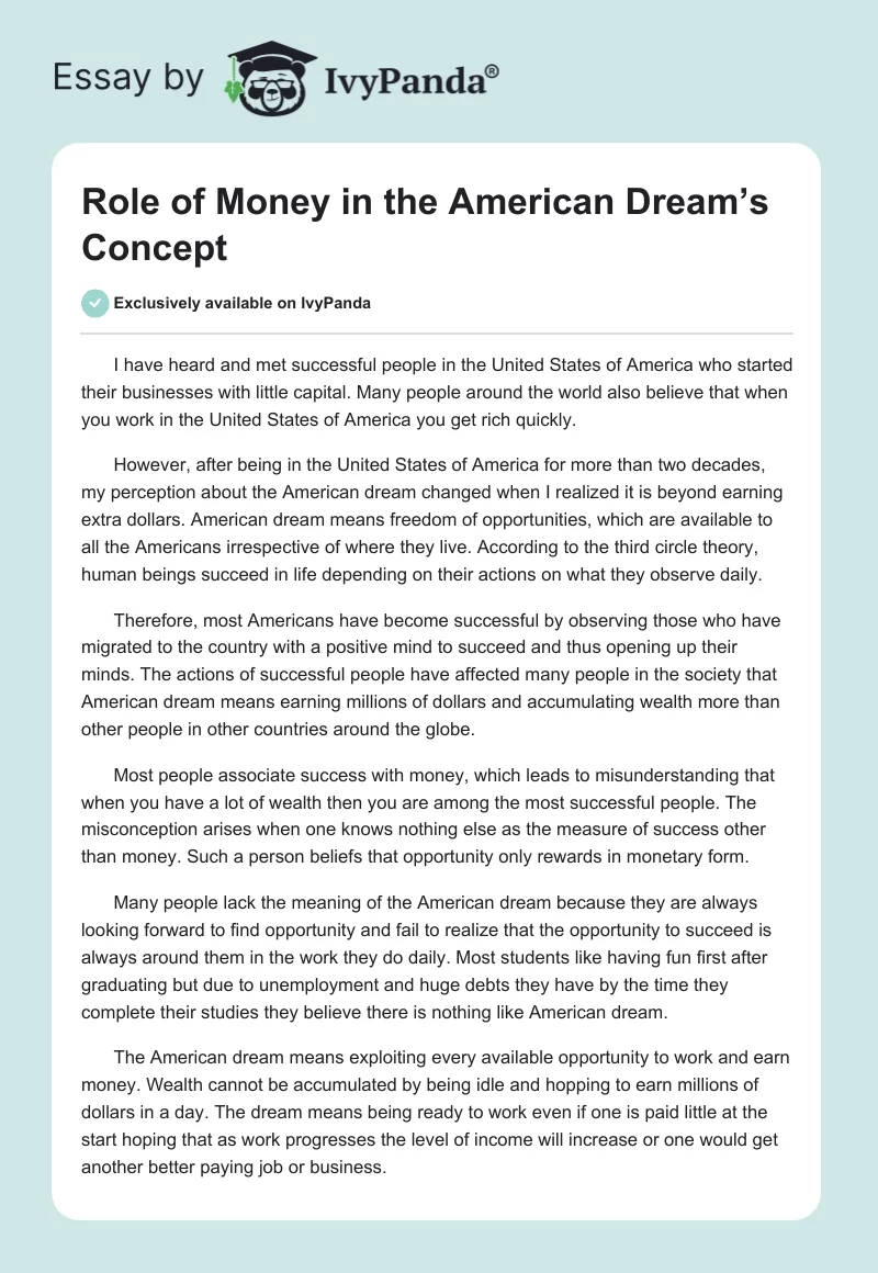 Role of Money in the American Dream’s Concept. Page 1