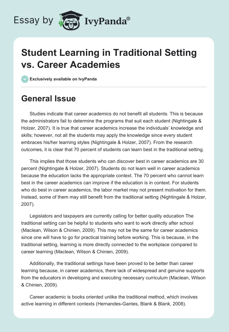 Student Learning in Traditional Setting vs. Career Academies. Page 1