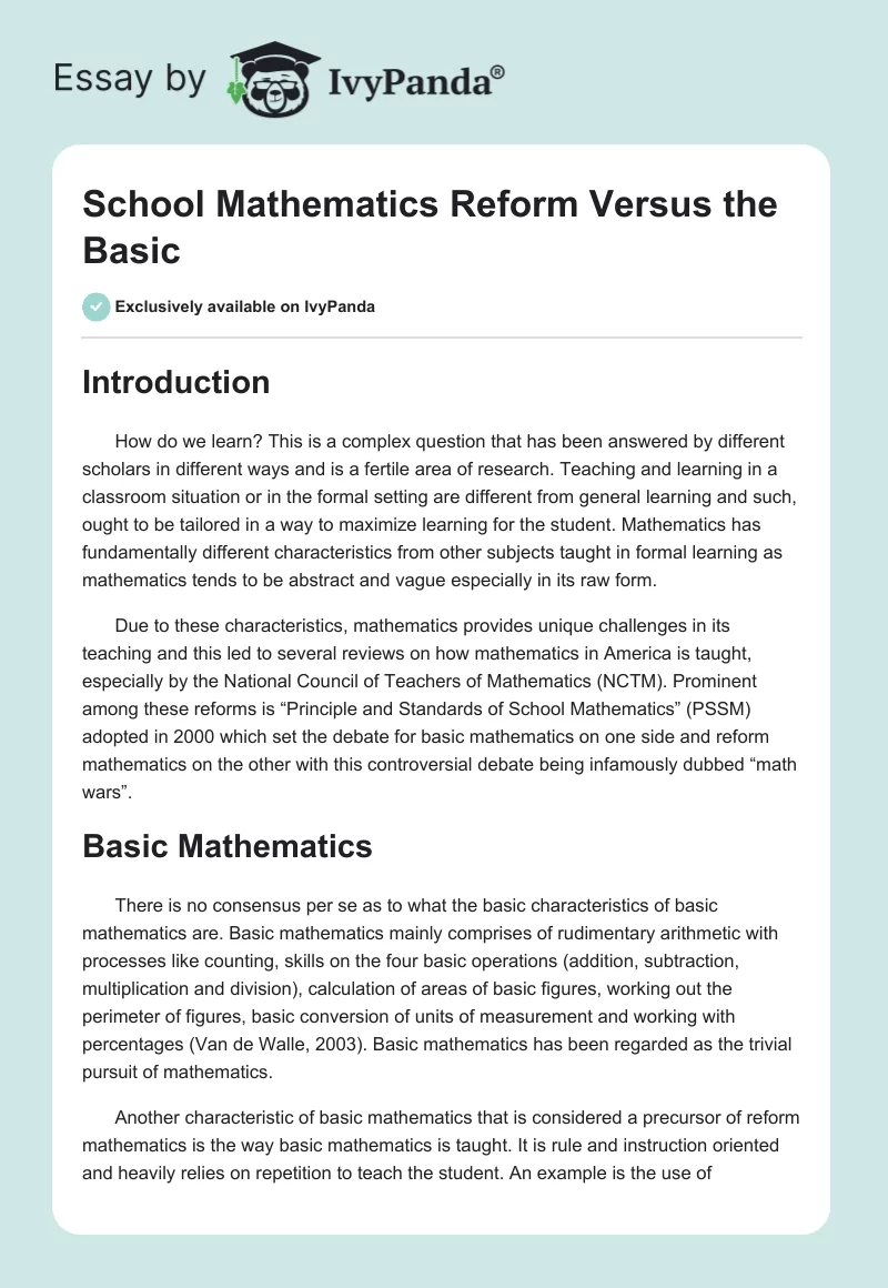 School Mathematics Reform Versus the Basic. Page 1