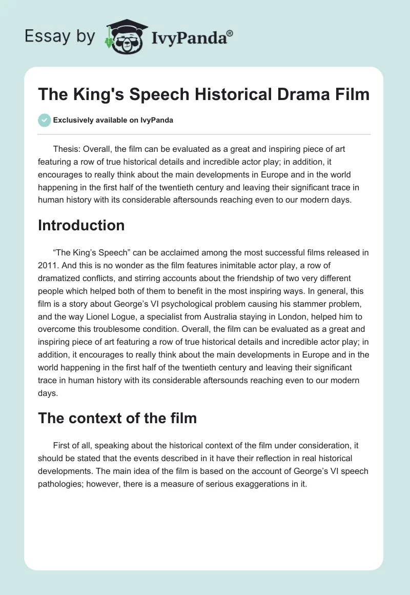 "The King's Speech" Historical Drama Film. Page 1