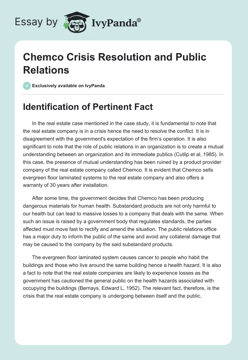 Chemco Crisis Resolution and Public Relations. Page 1