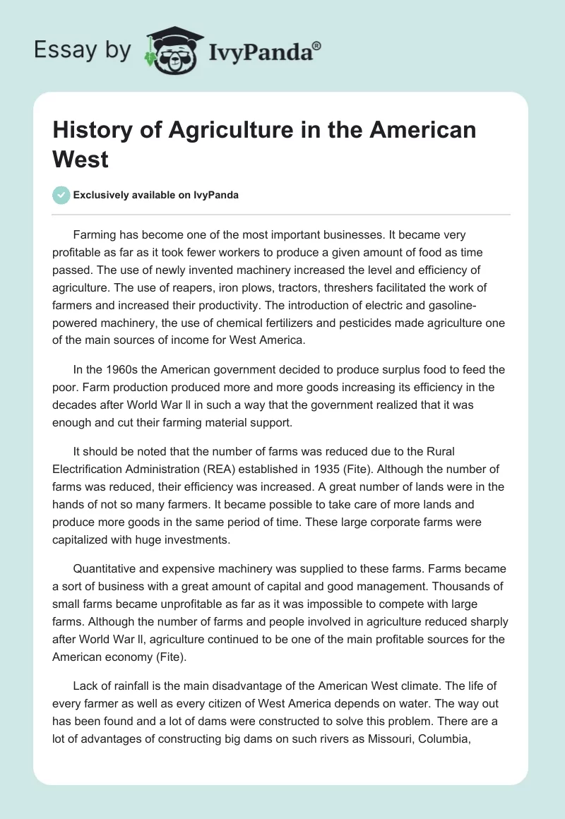 History of Agriculture in the American West. Page 1