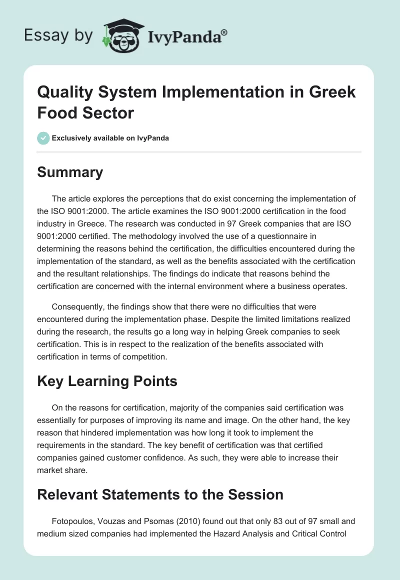 Quality System Implementation in Greek Food Sector. Page 1
