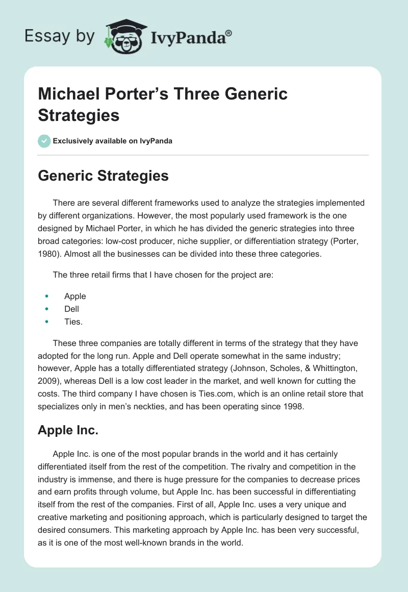Michael Porter’s Three Generic Strategies. Page 1