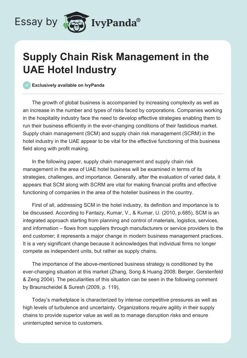 Supply Chain Risk Management in the UAE Hotel Industry. Page 1
