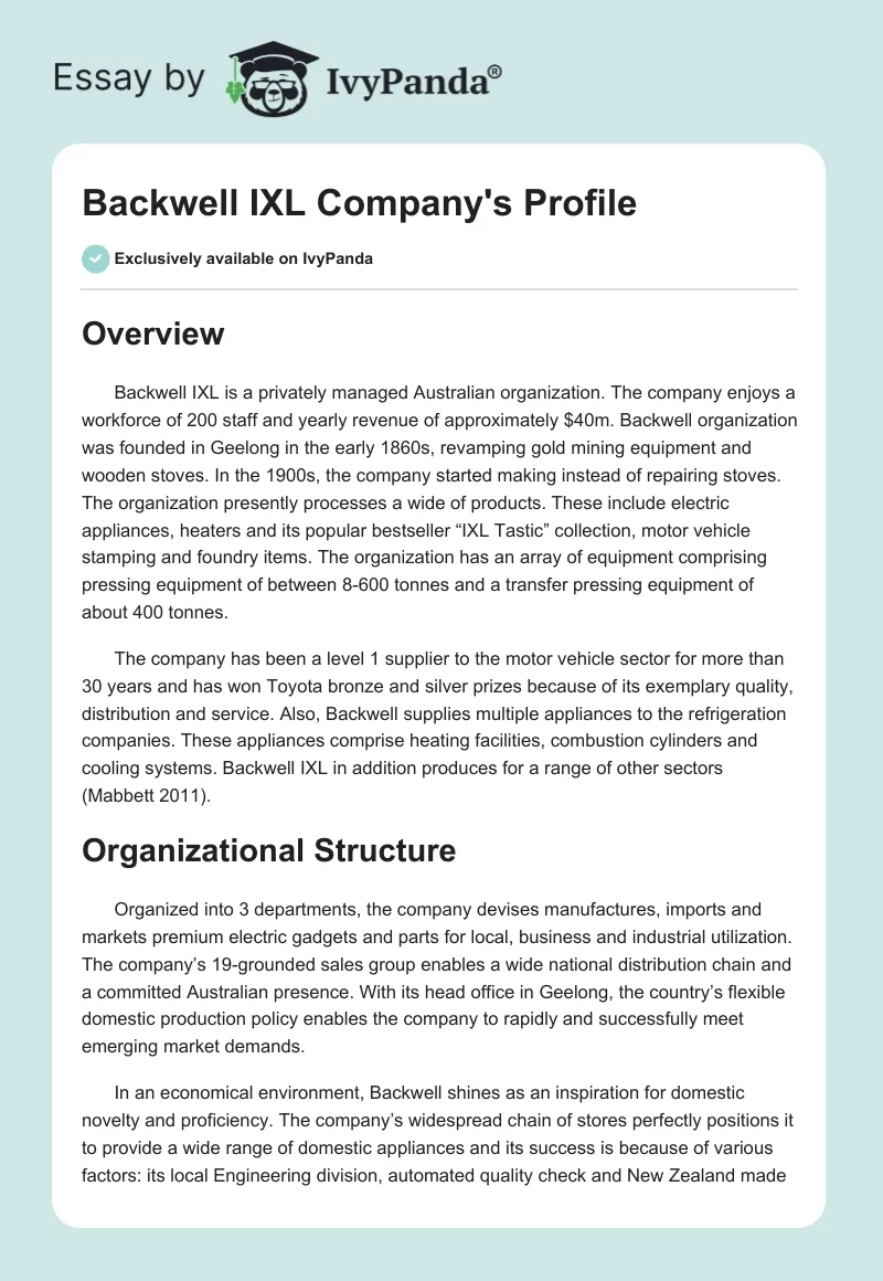 Backwell IXL Company's Profile. Page 1