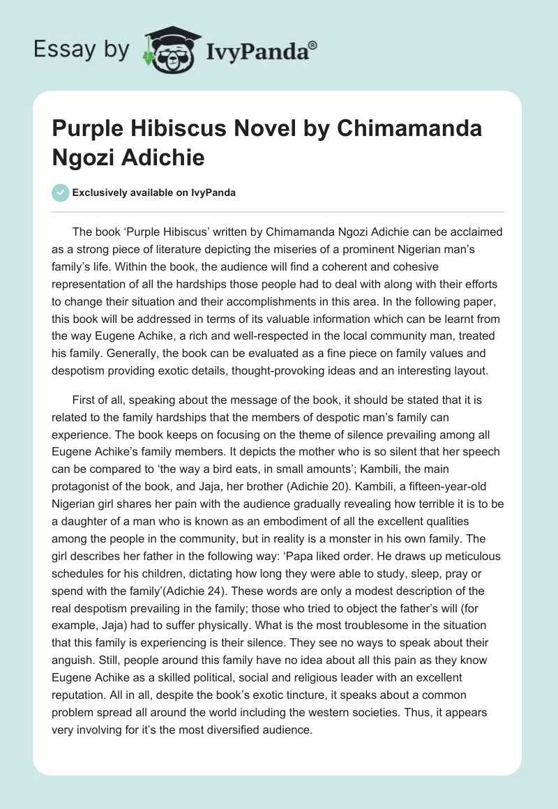 "Purple Hibiscus" Novel by Chimamanda Ngozi Adichie. Page 1