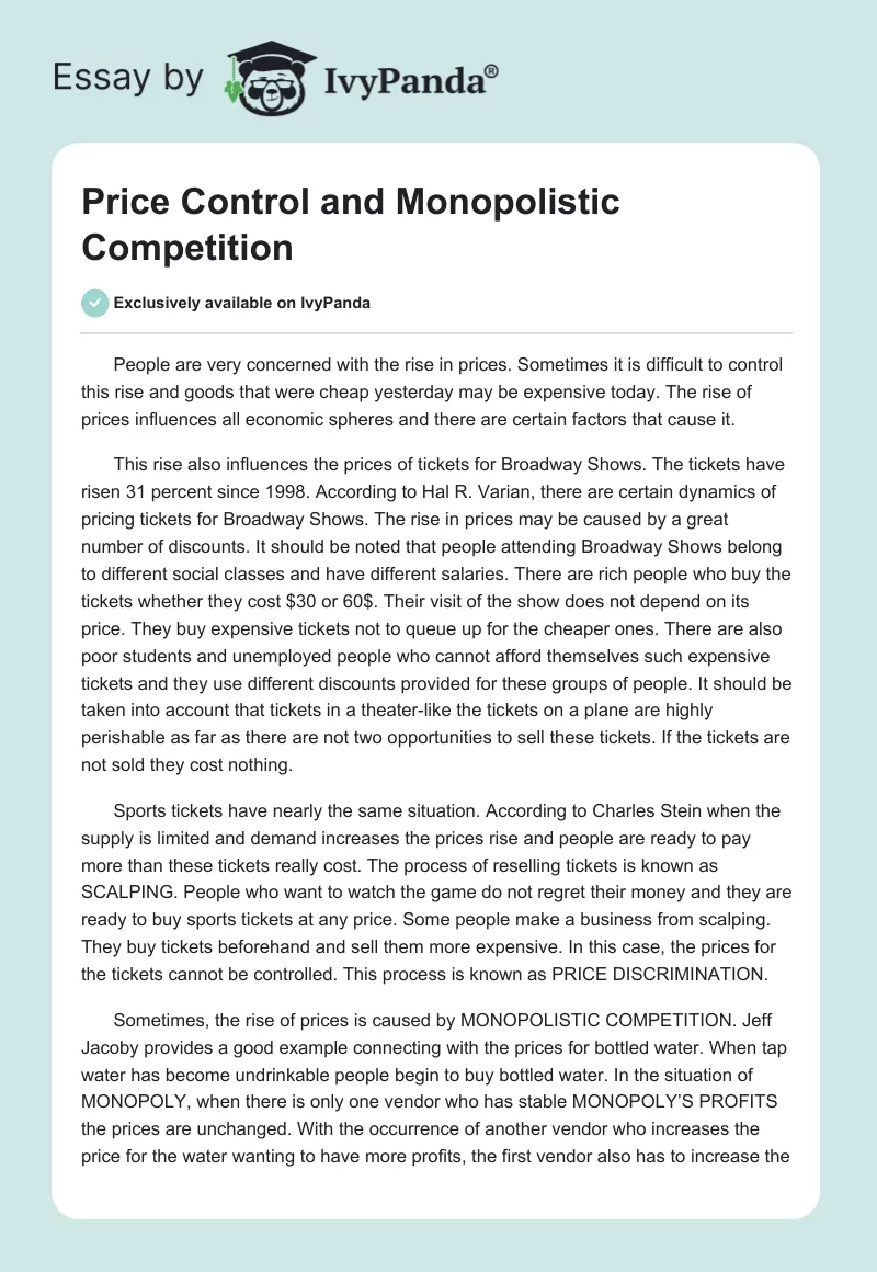 Price Control and Monopolistic Competition. Page 1