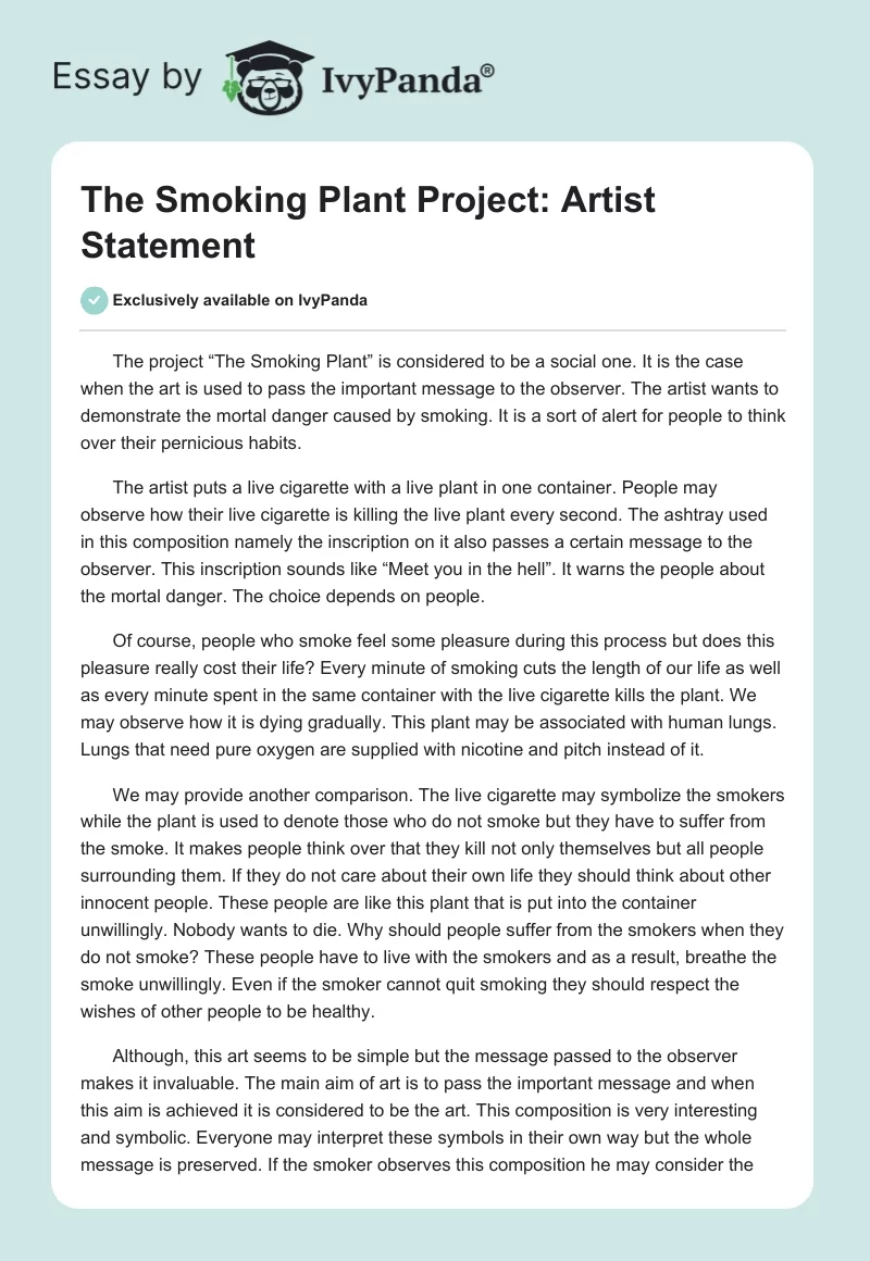 "The Smoking Plant" Project: Artist Statement. Page 1