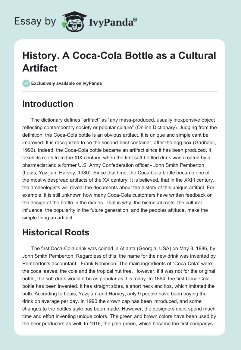 History. A Coca-Cola Bottle as a Cultural Artifact. Page 1