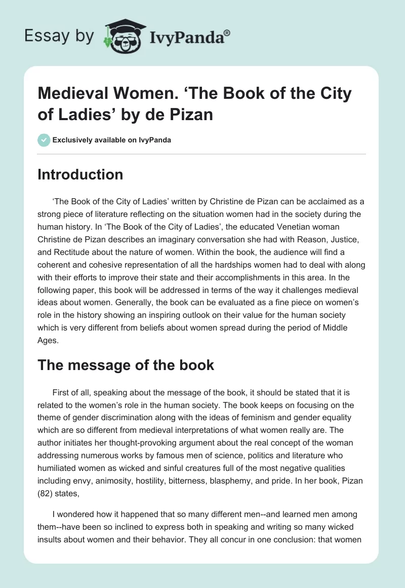 Medieval Women. ‘The Book of the City of Ladies’ by de Pizan. Page 1