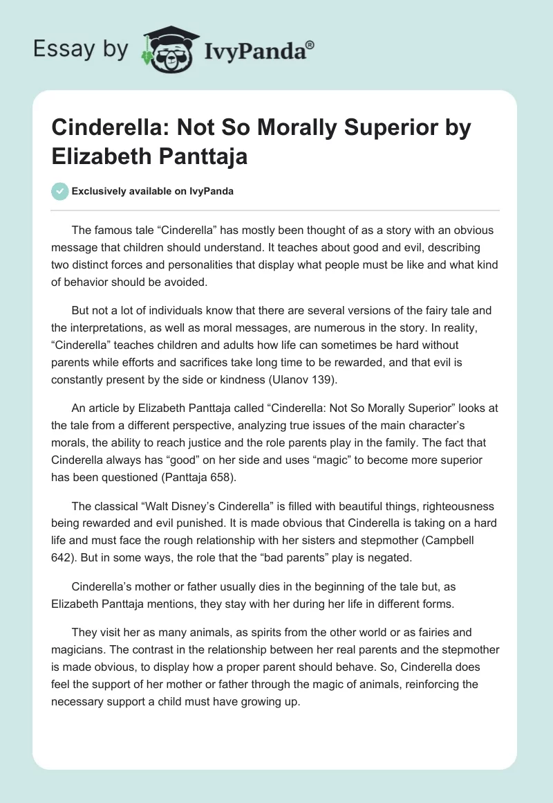 "Cinderella: Not So Morally Superior" by Elizabeth Panttaja. Page 1