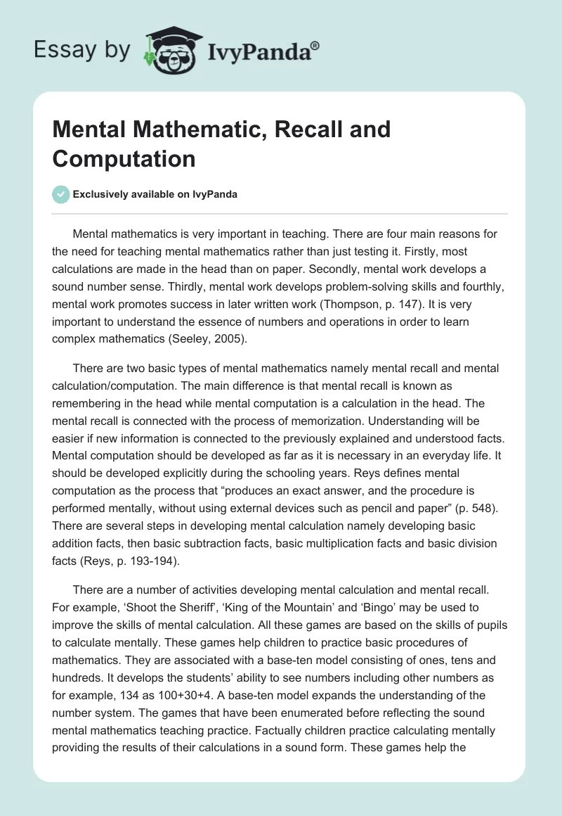 Mental Mathematic, Recall and Computation. Page 1