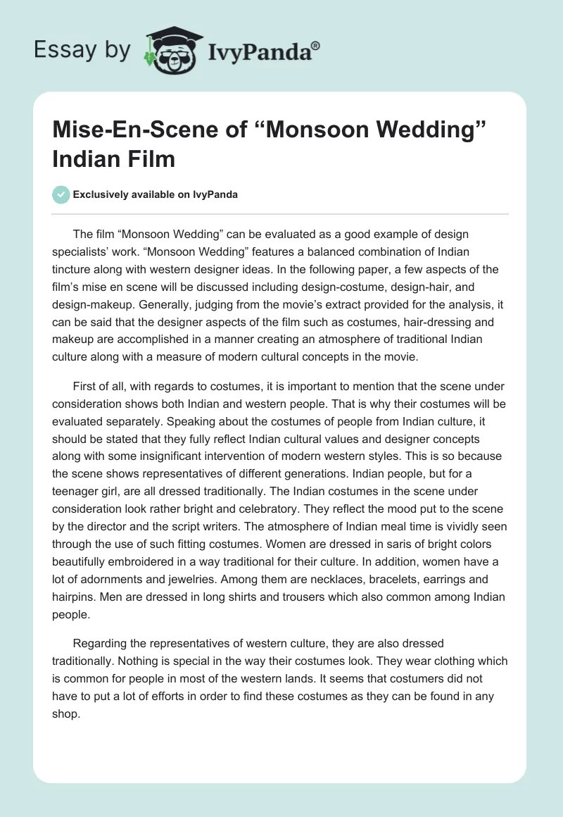 Mise-En-Scene of “Monsoon Wedding” Indian Film. Page 1