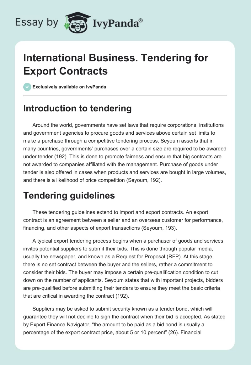 International Business. Tendering for Export Contracts. Page 1