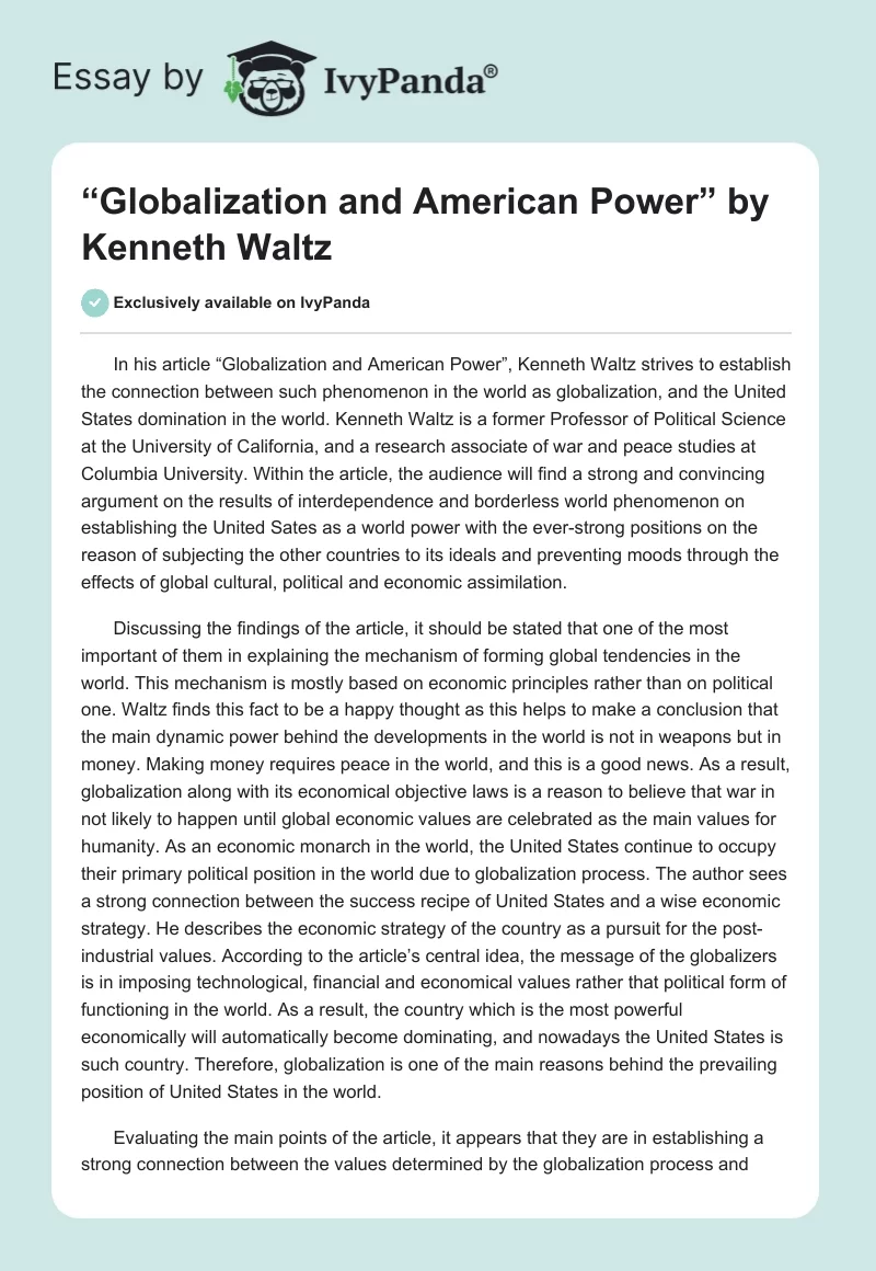 “Globalization and American Power” by Kenneth Waltz. Page 1