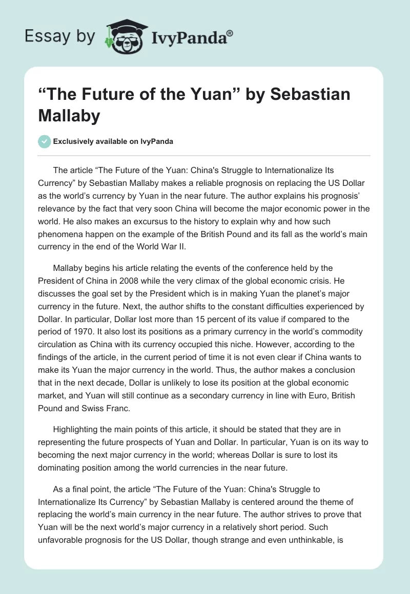 “The Future of the Yuan” by Sebastian Mallaby. Page 1
