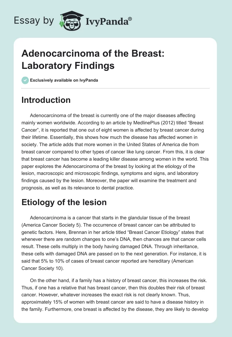 Adenocarcinoma of the Breast: Laboratory Findings. Page 1