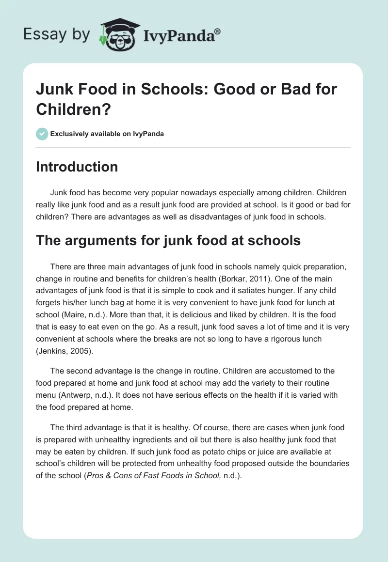 Junk Food in Schools: Good or Bad for Children?. Page 1