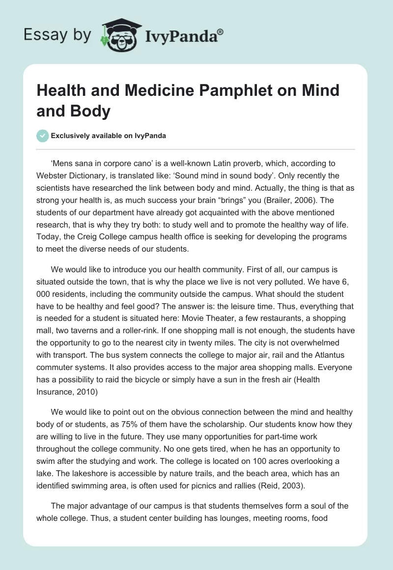 Health and Medicine Pamphlet on Mind and Body. Page 1