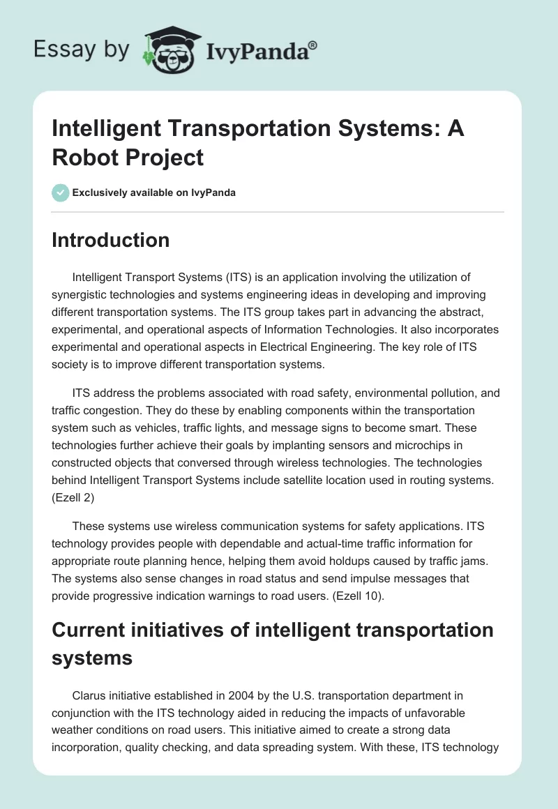 Intelligent Transportation Systems: A Robot Project. Page 1