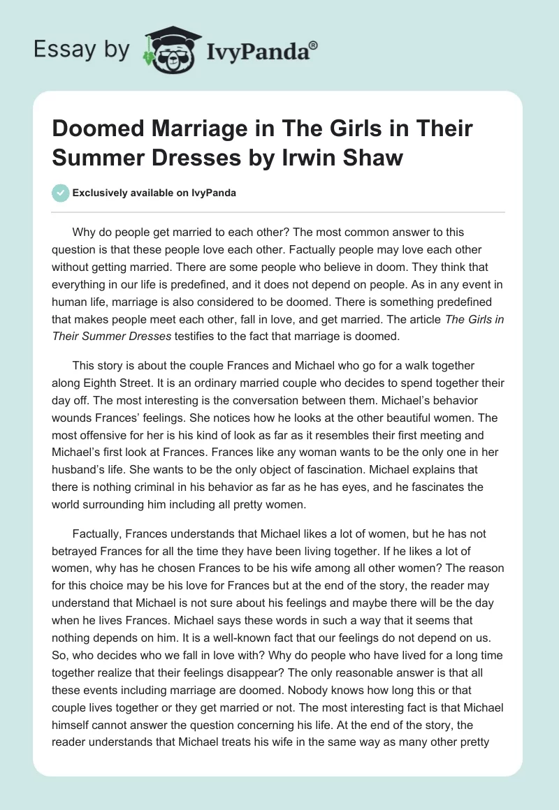 Doomed Marriage in "The Girls in Their Summer Dresses" by Irwin Shaw. Page 1