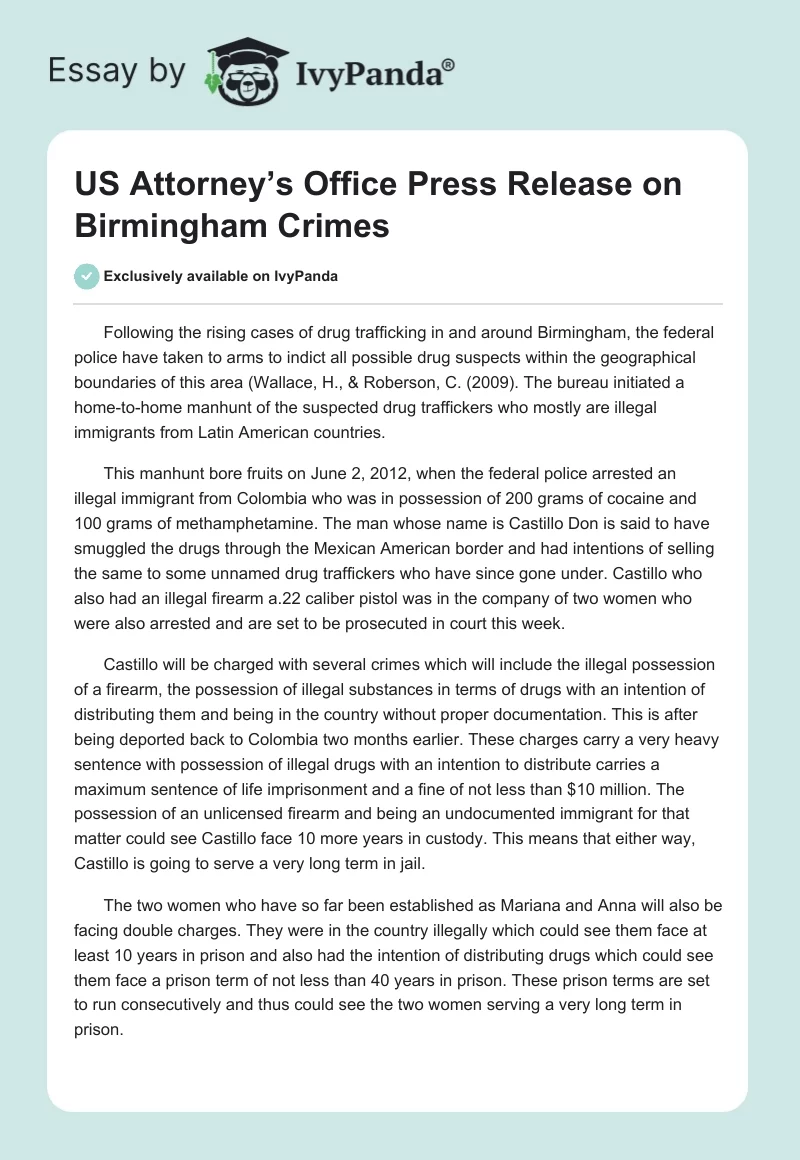 US Attorney’s Office Press Release on Birmingham Crimes. Page 1