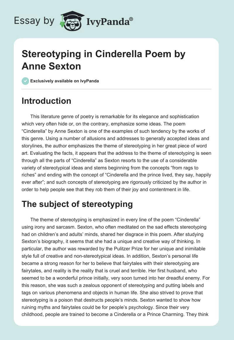 Stereotyping in "Cinderella" Poem by Anne Sexton. Page 1
